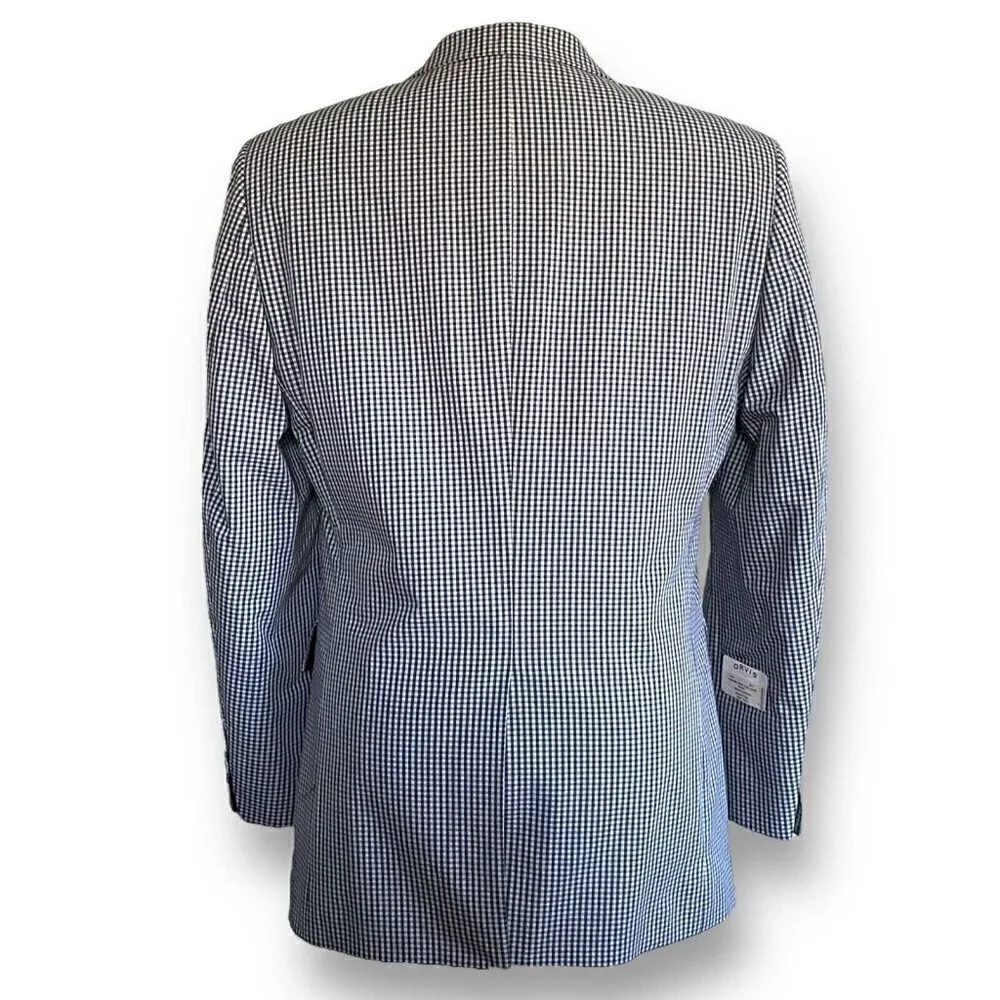 Orvis Mens Sport Coat Jacket 38R Navy Blue Beige Gingham Cotton Blend Two Button